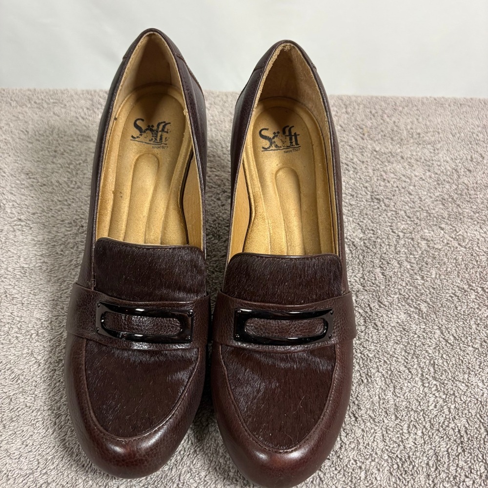 Sofft Womens Brown Leather Cow Hair Loafer Pumps Heels Buckle Size 9M 1109300